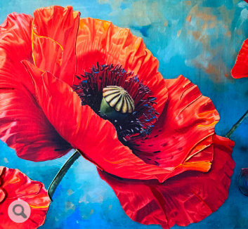 Poppies mixed media & acrylics on hardboard by Ann Generlich
